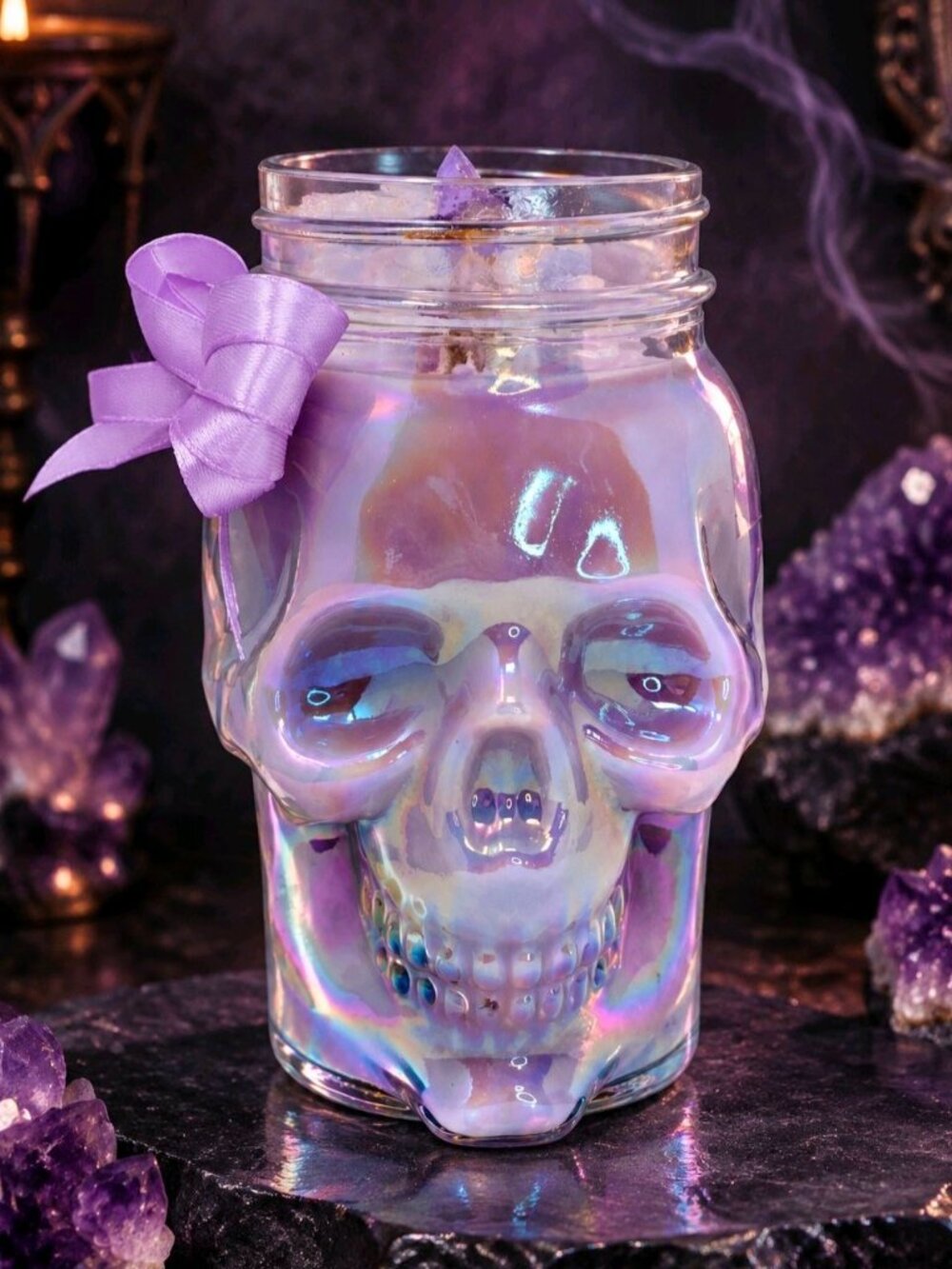 Artisan One Moon Flame Ethereal Veil Halloween Iridescent Skull 24oz Wax Candle